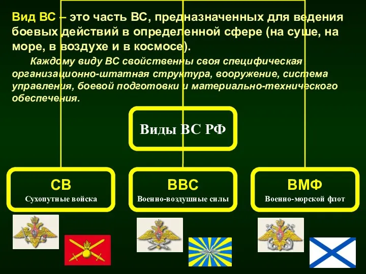 Вид ВС – это часть ВС, предназначенных для ведения боевых