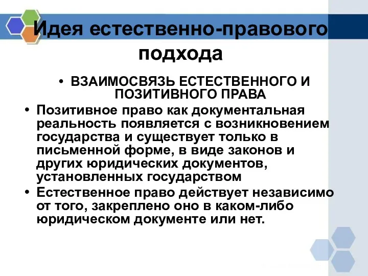 Идея естественно-правового подхода ВЗАИМОСВЯЗЬ ЕСТЕСТВЕННОГО И ПОЗИТИВНОГО ПРАВА Позитивное право