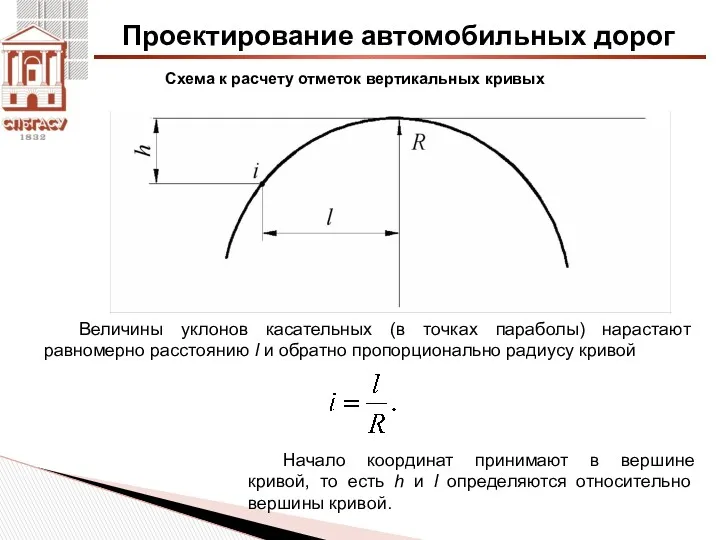 Проектирование автомобильных дорог Схема к расчету отметок вертикальных кривых Величины уклонов касательных (в