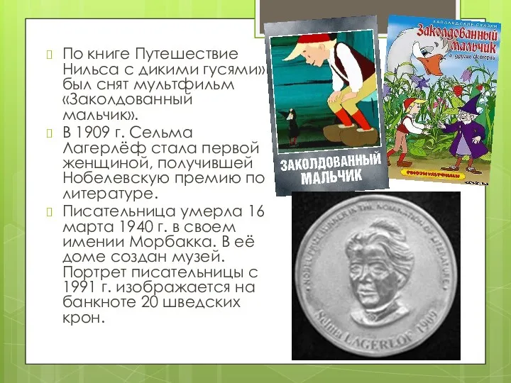 По книге Путешествие Нильса с дикими гусями» был снят мультфильм