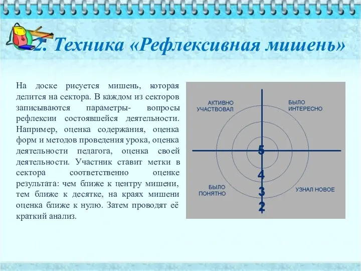 2. Техника «Рефлексивная мишень» На доске рисуется мишень, которая делится