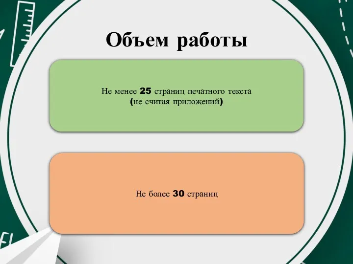 Объем работы Не менее 25 страниц печатного текста (не считая приложений) Не более 30 страниц