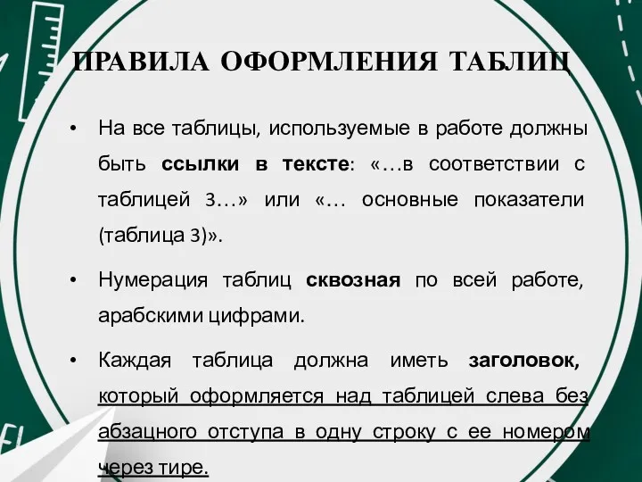 ПРАВИЛА ОФОРМЛЕНИЯ ТАБЛИЦ На все таблицы, используемые в работе должны