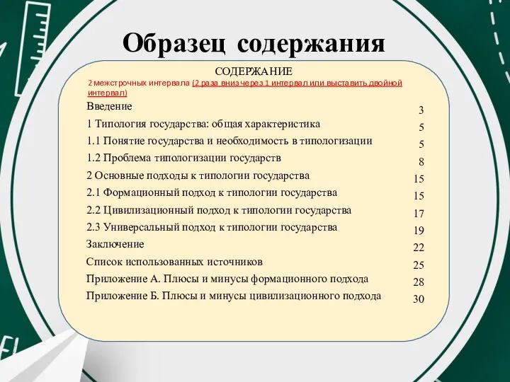 Образец содержания СОДЕРЖАНИЕ 2 межстрочных интервала (2 раза вниз через 1 интервал или выставить двойной интервал)