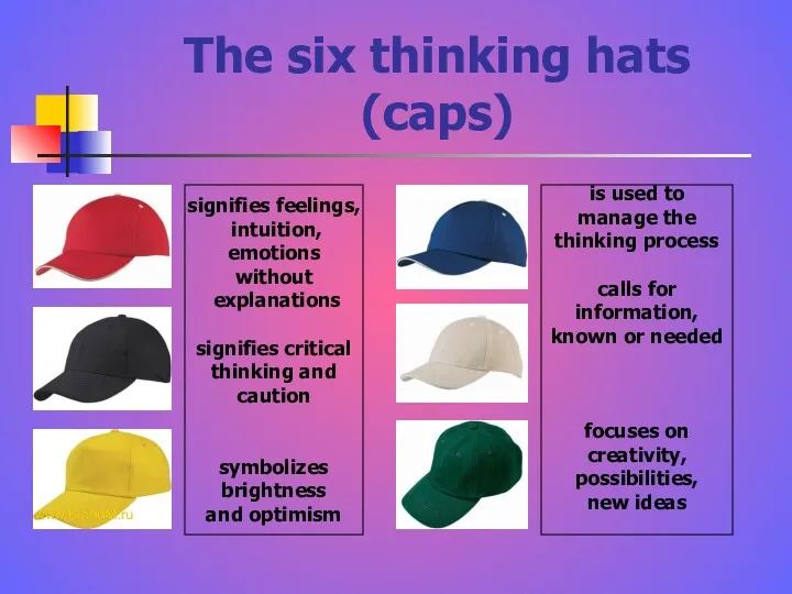 The six thinking hats (caps) signifies feelings, intuition, emotions without explanations signifies critical