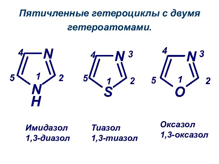 Имидазол 1,3-диазол Тиазол 1,3-тиазол Оксазол 1,3-оксазол Пятичленные гетероциклы с двумя гетероатомами.