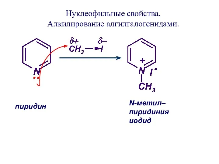Нуклеофильные свойства. Алкилирование алгилгалогенидами. пиридин N-метил– пиридиния иодид