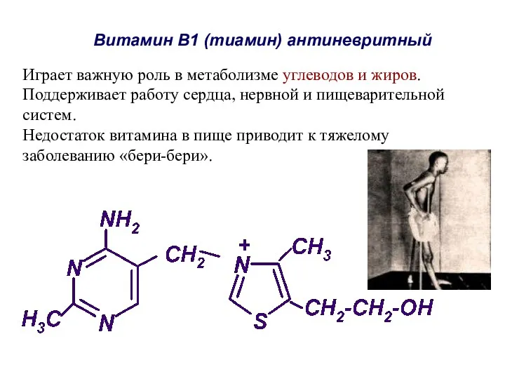 Витамин B1 (тиамин) антиневритный Играет важную роль в метаболизме углеводов