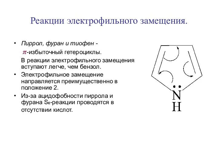 Реакции электрофильного замещения. Пиррол, фуран и тиофен - π-избыточный гетероциклы.