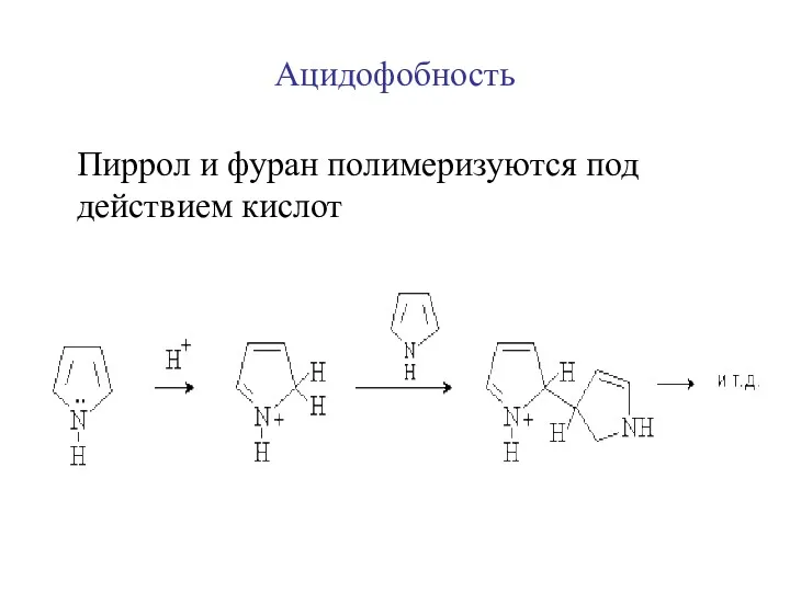 Ацидофобность Пиррол и фуран полимеризуются под действием кислот