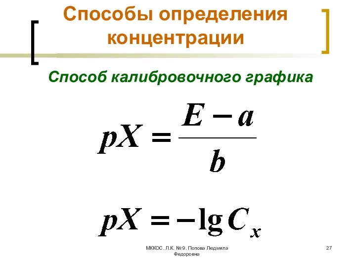 МККОС. Л.К. № 9. Попова Людмила Федоровна Способы определения концентрации Способ калибровочного графика