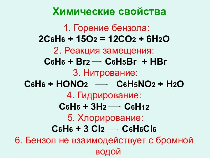 Химические свойства 1. Горение бензола: 2С6Н6 + 15О2 = 12СО2