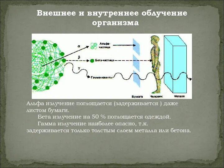 Внешнее и внутреннее облучение организма Альфа излучение поглощается (задерживается )