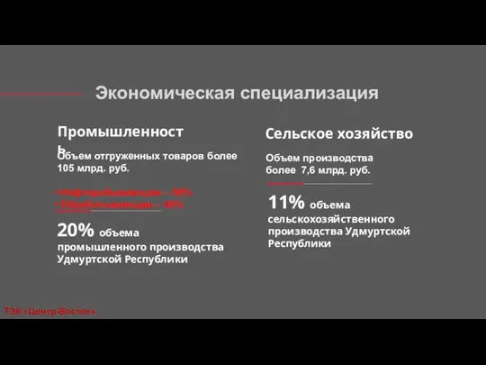 Экономическая специализация Промышленность 20% объема промышленного производства Удмуртской Республики Объем