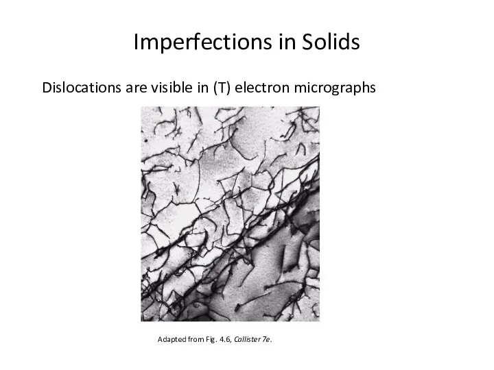 Imperfections in Solids Dislocations are visible in (T) electron micrographs Adapted from Fig. 4.6, Callister 7e.