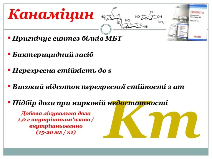 Канаміцин Km Пригнічує синтез білків МБТ Бактерицидний засіб Перехресна стійкість до s Високий