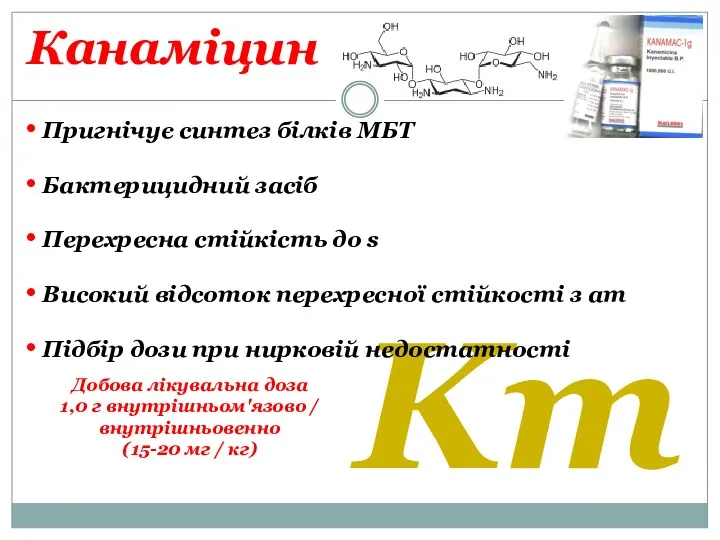 Канаміцин Km Пригнічує синтез білків МБТ Бактерицидний засіб Перехресна стійкість