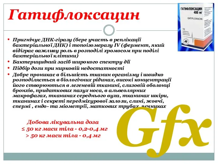 Гатифлоксацин Пригнічує ДНК-гіразу (бере участь в реплікації бактеріальної ДНК) і