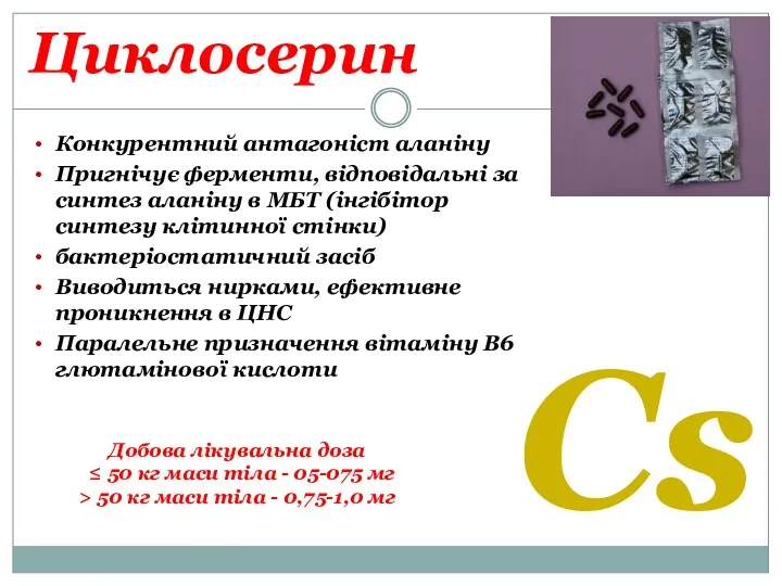 Циклосерин Cs Конкурентний антагоніст аланіну Пригнічує ферменти, відповідальні за синтез