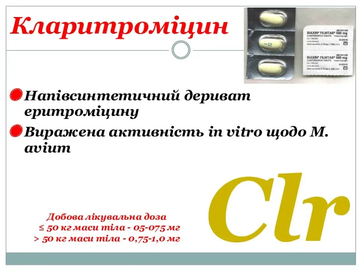Кларитроміцин Напівсинтетичний дериват еритроміцину Виражена активність in vitro щодо M. avium Clr Добова