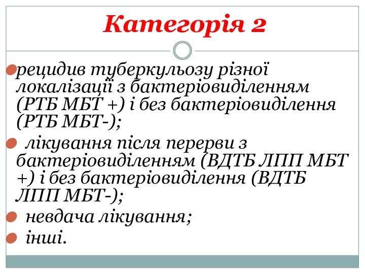 Категорія 2 рецидив туберкульозу різної локалізації з бактеріовиділенням (РТБ МБТ