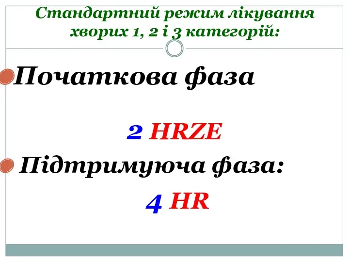 Стандартний режим лікування хворих 1, 2 і 3 категорій: Початкова фаза 2 HRZE