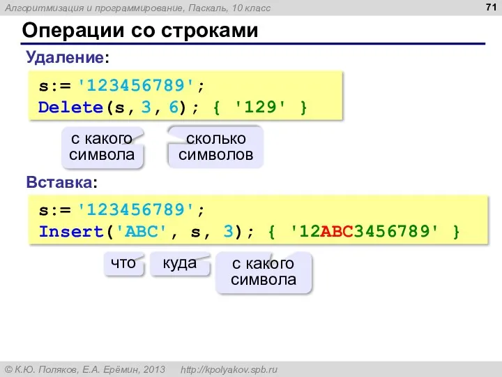 Операции со строками Вставка: s:= '123456789'; Insert('ABC', s, 3); {