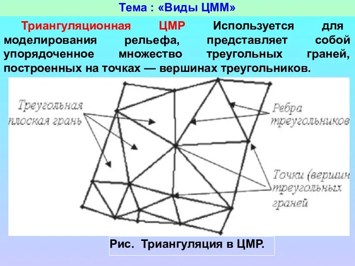 Тема : «Виды ЦММ» Триангуляционная ЦМР Используется для моделирования рельефа,