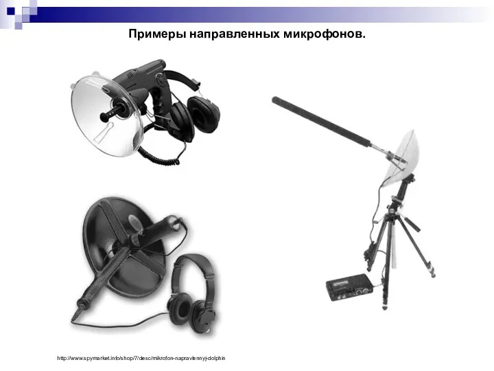 Примеры направленных микрофонов. http://www.spymarket.info/shop/7/desc/mikrofon-napravlennyj-dolphin