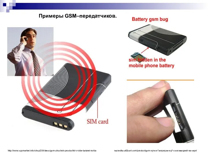 Примеры GSM–передатчиков. razvedka.all2cart.com/product/gsm-жучок-"аккумулятор"-с-активацией-на-звук/ http://www.spymarket.info/shop/254/desc/gsm-zhuchok-proslushki-v-vide-batarei-nokia