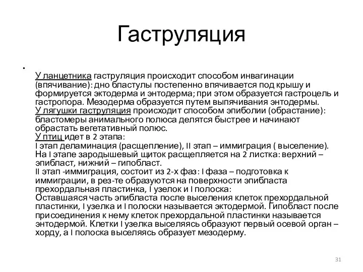 Гаструляция У ланцетника гаструляция происходит способом инвагинации (впячивание): дно бластулы