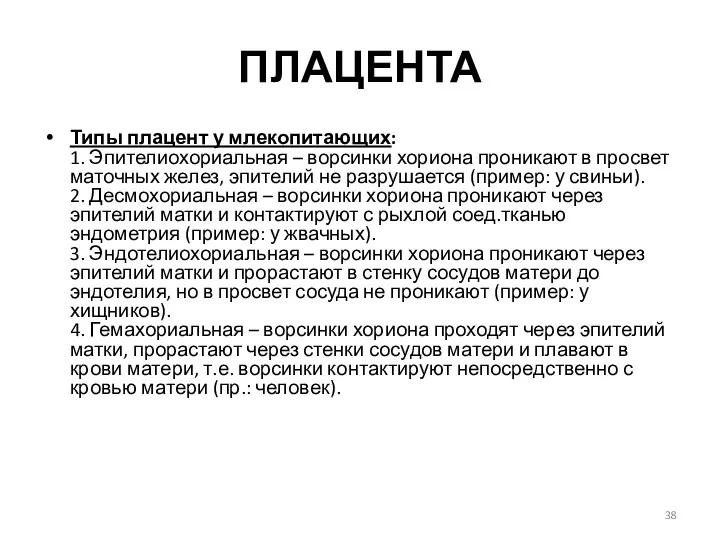 ПЛАЦЕНТА Типы плацент у млекопитающих: 1. Эпителиохориальная – ворсинки хориона