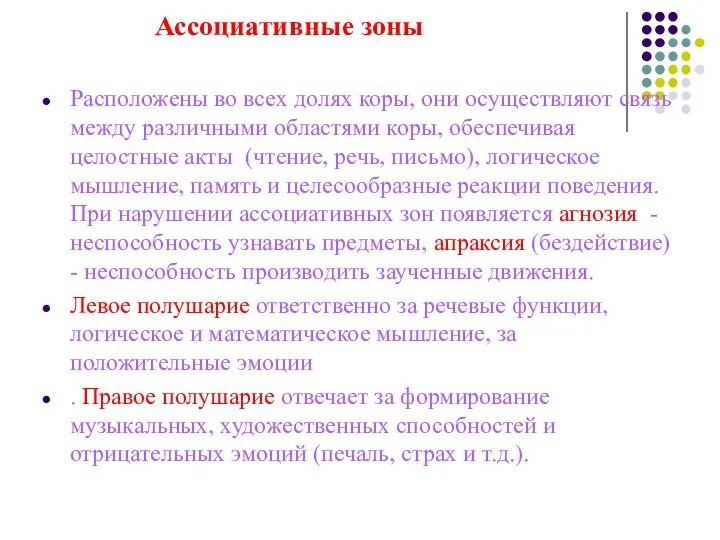 Ассоциативные зоны Расположены во всех долях коры, они осуществляют связь