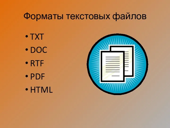 Форматы текстовых файлов TXT DOC RTF PDF HTML