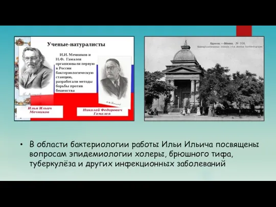 В области бактериологии работы Ильи Ильича посвящены вопросам эпидемиологии холеры,