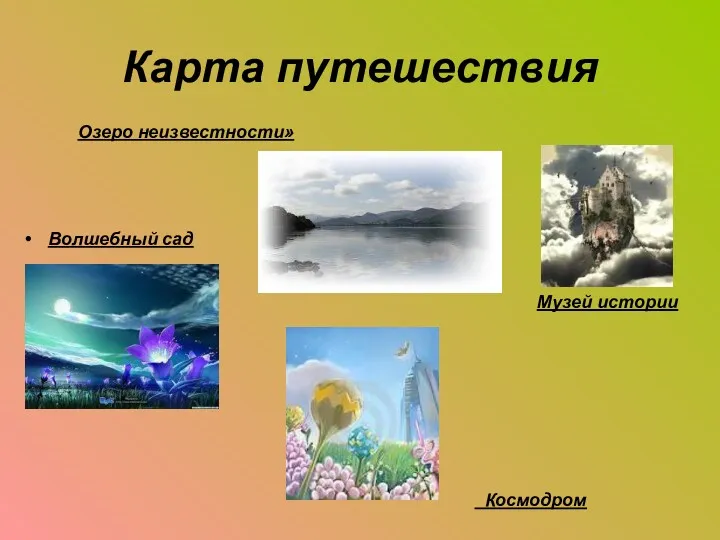 Карта путешествия Волшебный сад Озеро неизвестности» Музей истории Космодром