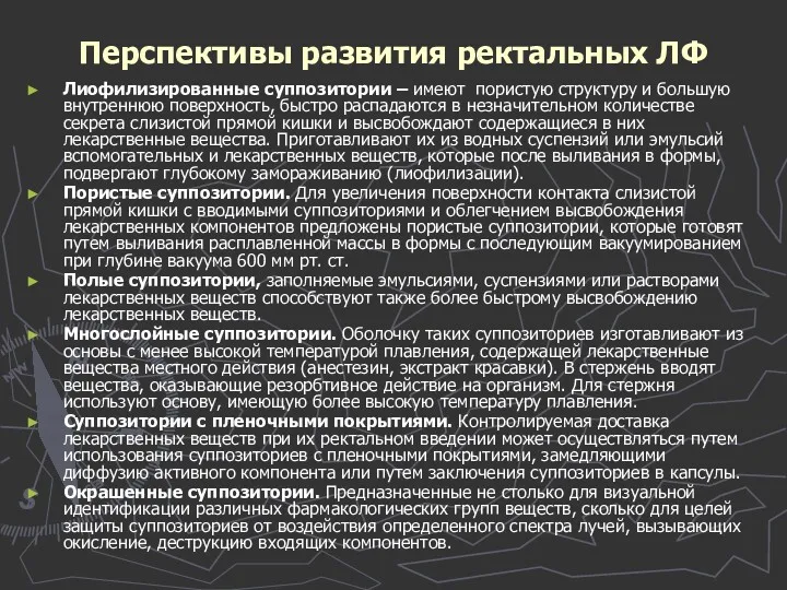 Перспективы развития ректальных ЛФ Лиофилизированные суппозитории – имеют пористую структуру