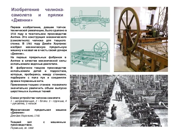 Изобретение челнока-самолета и прялки «Дженни» Первое изобретение, давшее толчок технической