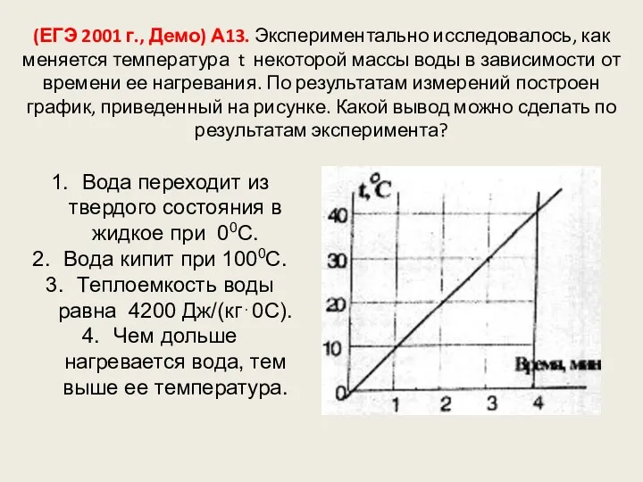 (ЕГЭ 2001 г., Демо) А13. Экспериментально исследовалось, как меняется температура t некоторой массы