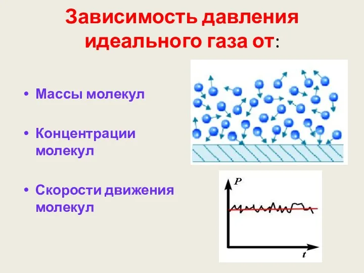 Зависимость давления идеального газа от: Массы молекул Концентрации молекул Скорости движения молекул