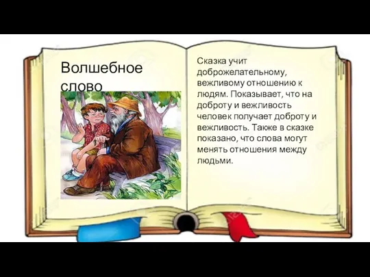 Волшебное слово Сказка учит доброжелательному, вежливому отношению к людям. Показывает, что на доброту