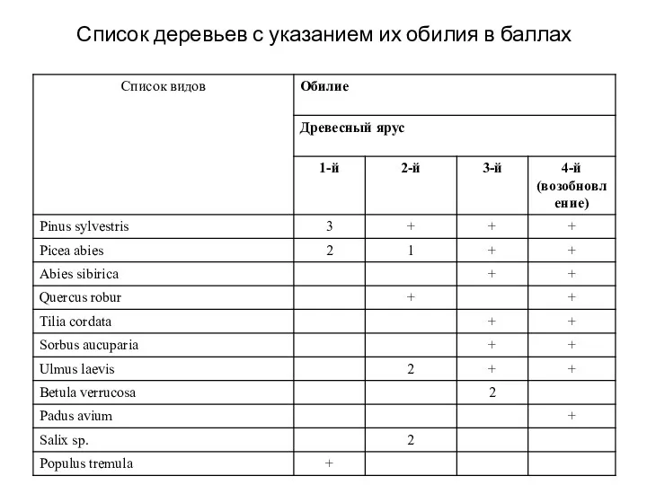 Список деревьев с указанием их обилия в баллах