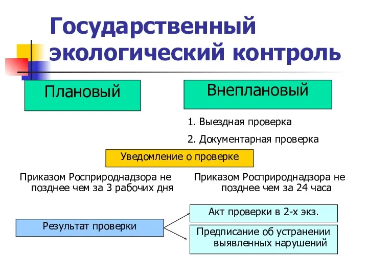 Государственный экологический контроль Плановый Внеплановый 2. Документарная проверка 1. Выездная