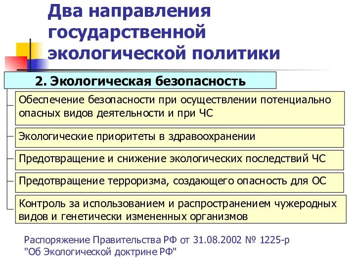 Два направления государственной экологической политики Распоряжение Правительства РФ от 31.08.2002