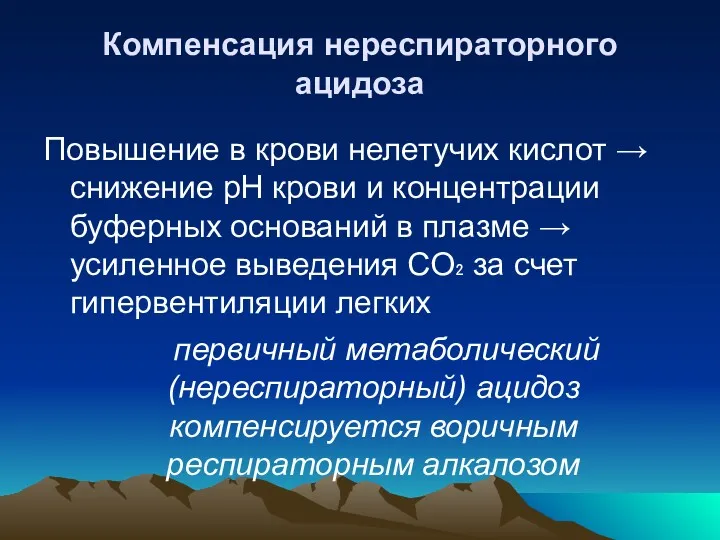 Компенсация нереспираторного ацидоза Повышение в крови нелетучих кислот → снижение