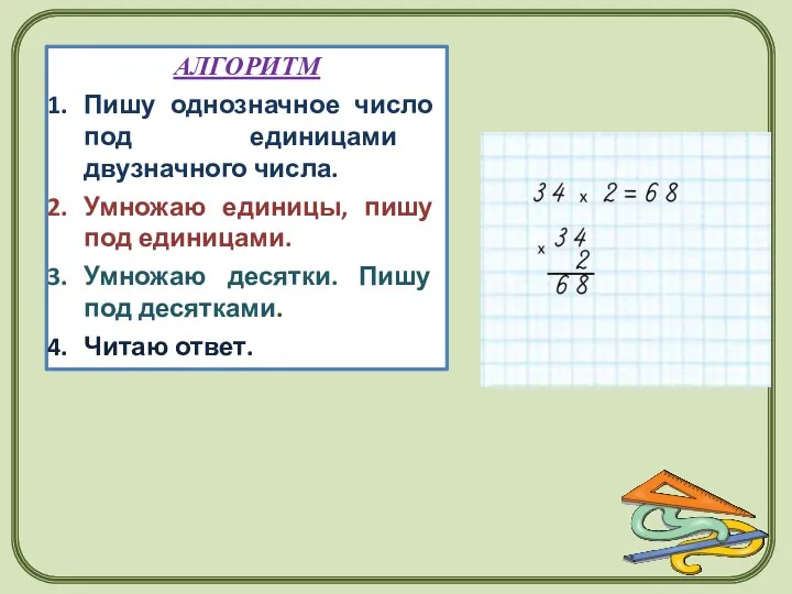 АЛГОРИТМ Пишу однозначное число под единицами двузначного числа. Умножаю единицы,