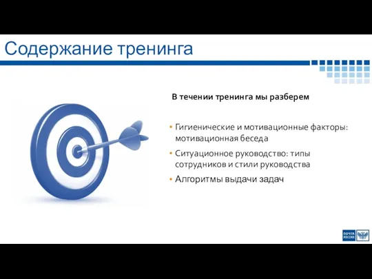 Содержание тренинга Гигиенические и мотивационные факторы: мотивационная беседа Ситуационное руководство: