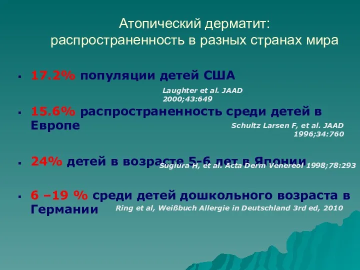 Атопический дерматит: распространенность в разных странах мира 17.2% популяции детей