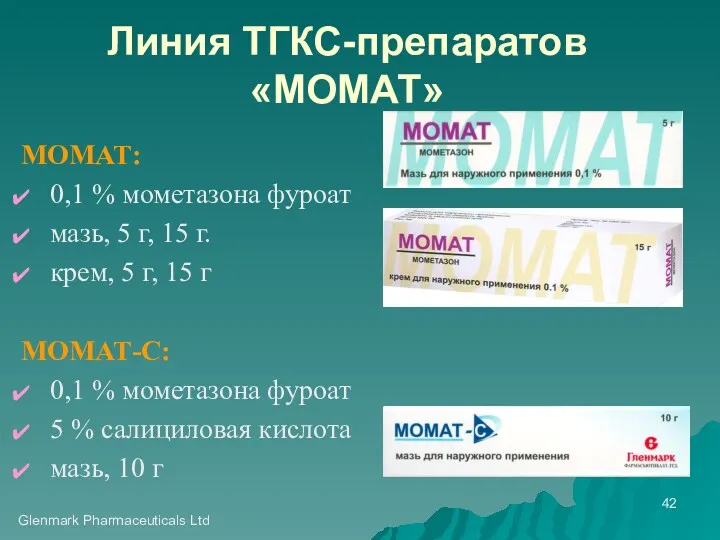 Glenmark Pharmaceuticals Ltd Линия ТГКС-препаратов «МОМАТ» МОМАТ: 0,1 % мометазона