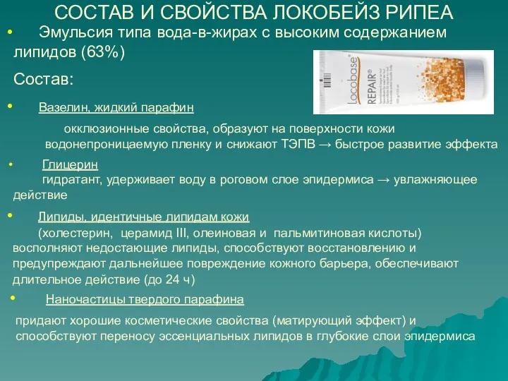 СОСТАВ И СВОЙСТВА ЛОКОБЕЙЗ РИПЕА Эмульсия типа вода-в-жирах с высоким